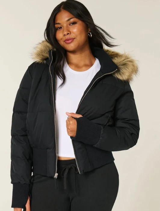 ( ON SALE )Black Hollister Bomber Coat with Faux Fur Hood