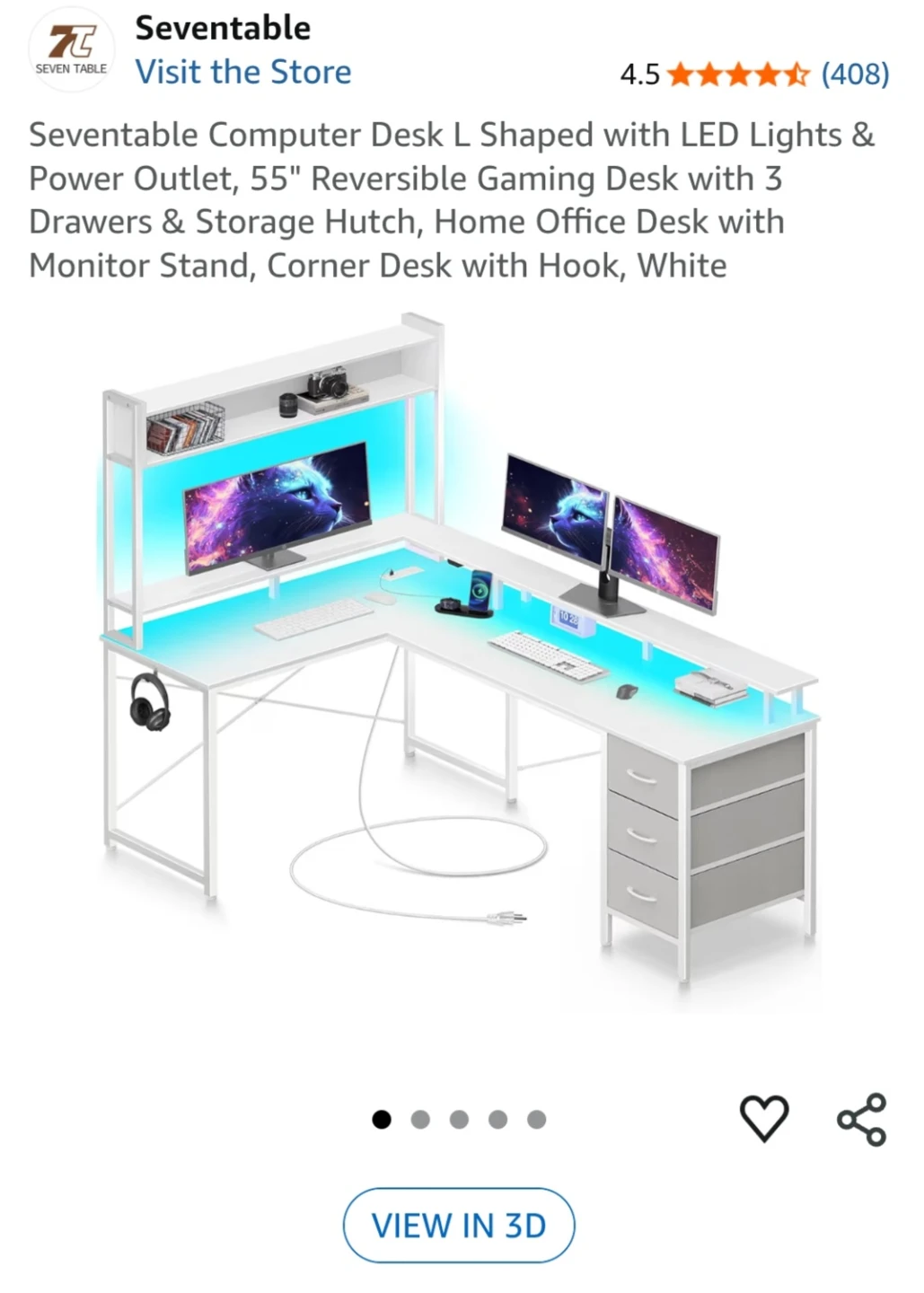 Seventable Computer Desk L-Shaped w/ LED lights & Power Outlet