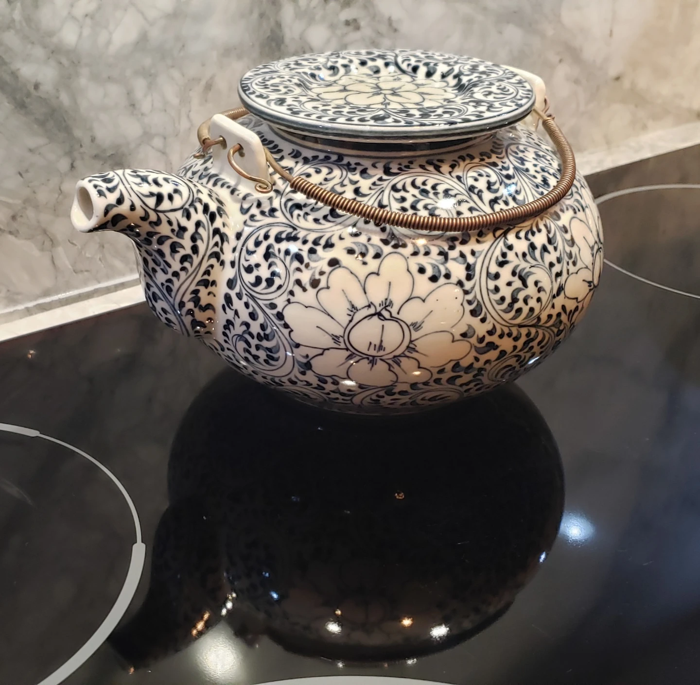 Blue and White Floral Ceramic Teapot