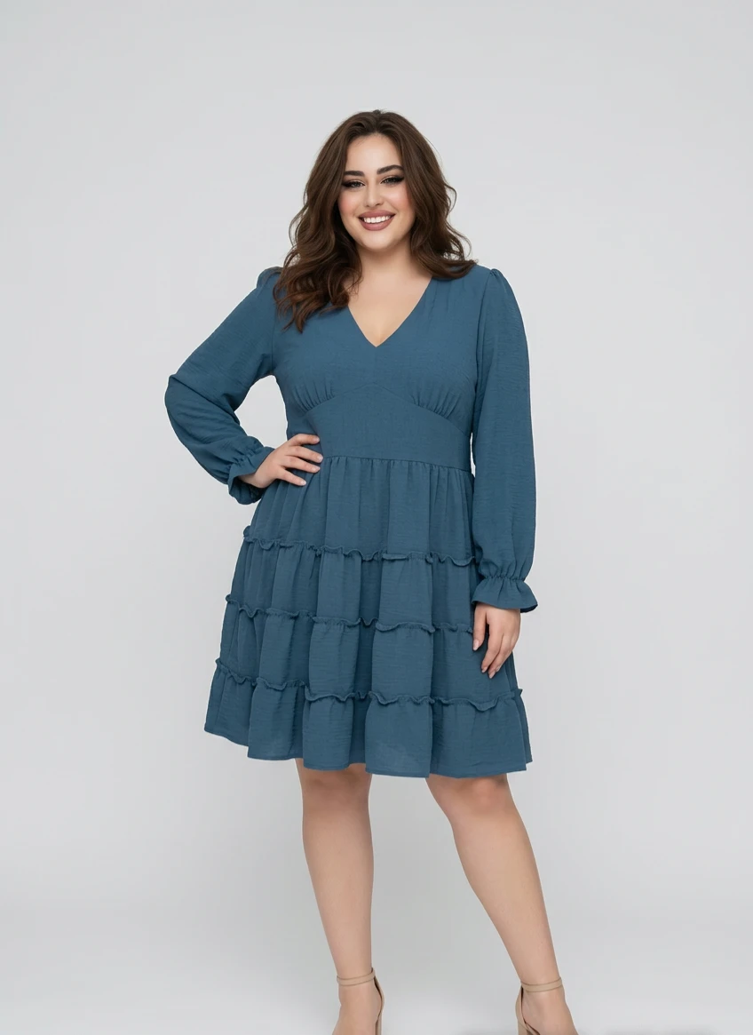 Blue Tiered V-Neck Long Sleeve Dress