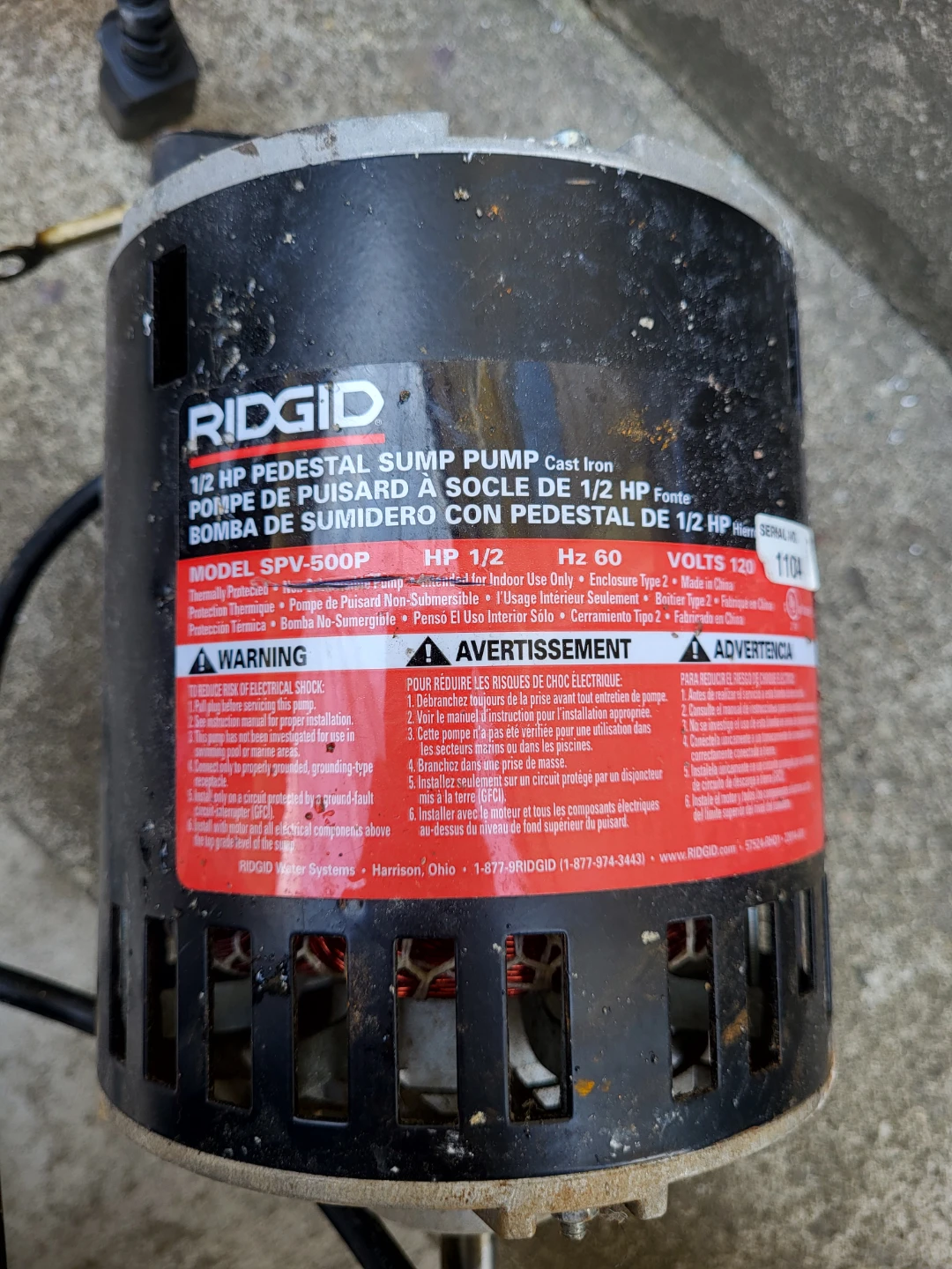 RIDGID 1/2 HP  motor $20 CASH