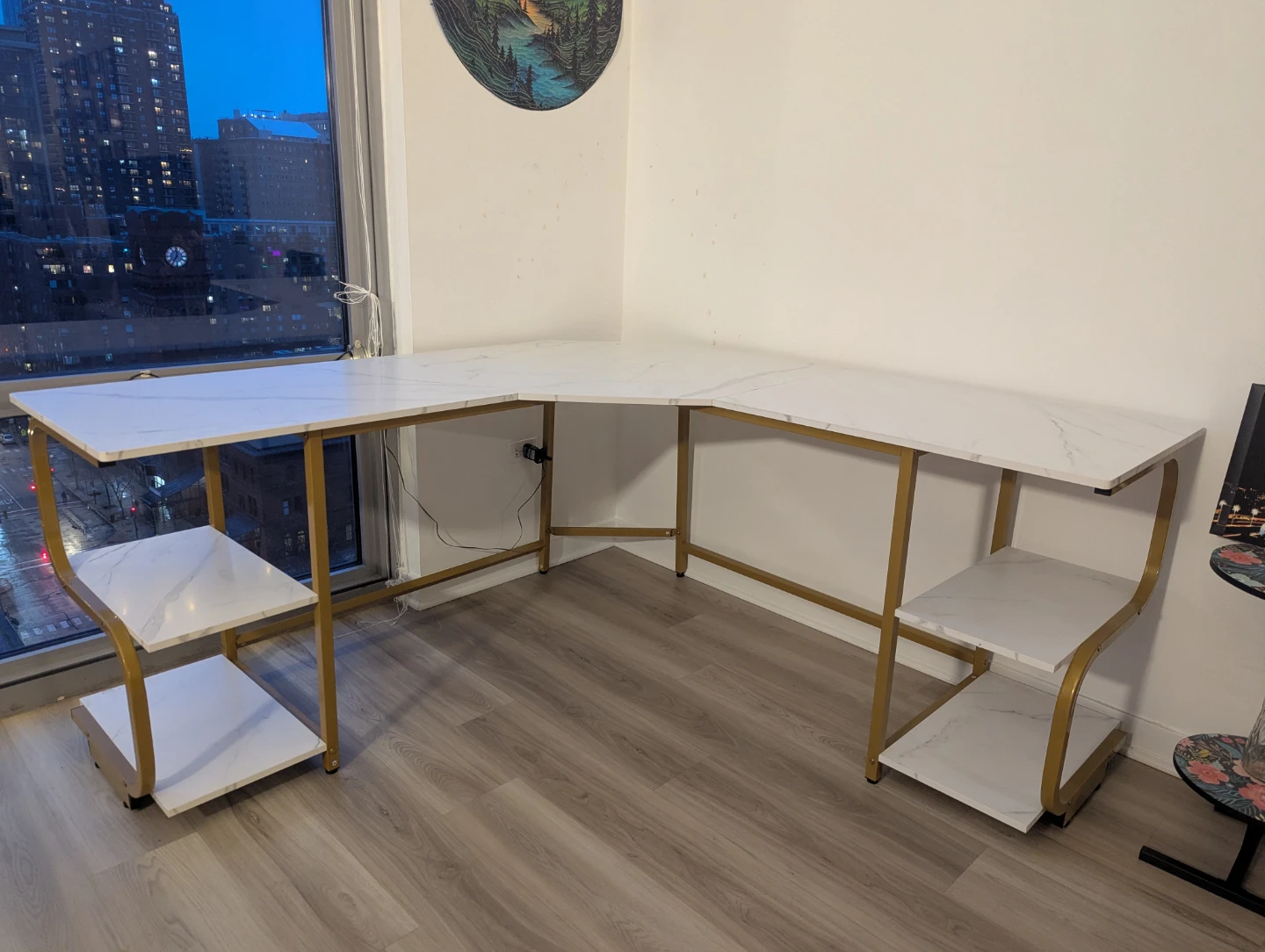 L-Shaped Desk with Shelving - White Marble Finish - photo 3