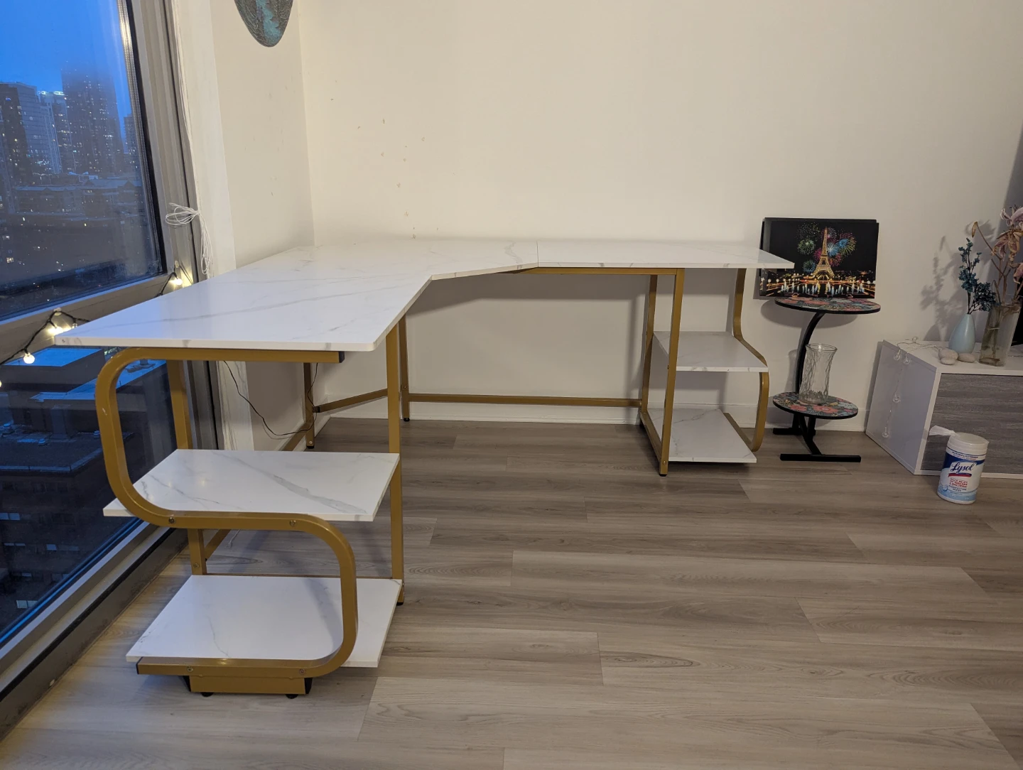 L-Shaped Desk with Shelving - White Marble Finish - photo 4