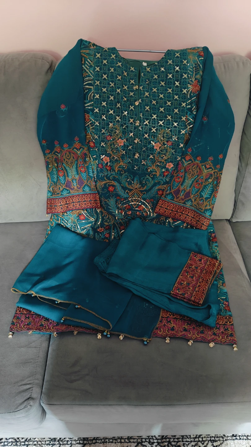 Teal Embroidered Kurti with Pants - photo 2