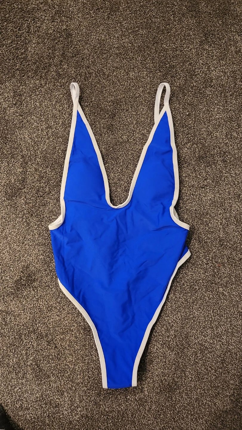 Blue one-piece swimsuit with white trim- Size small