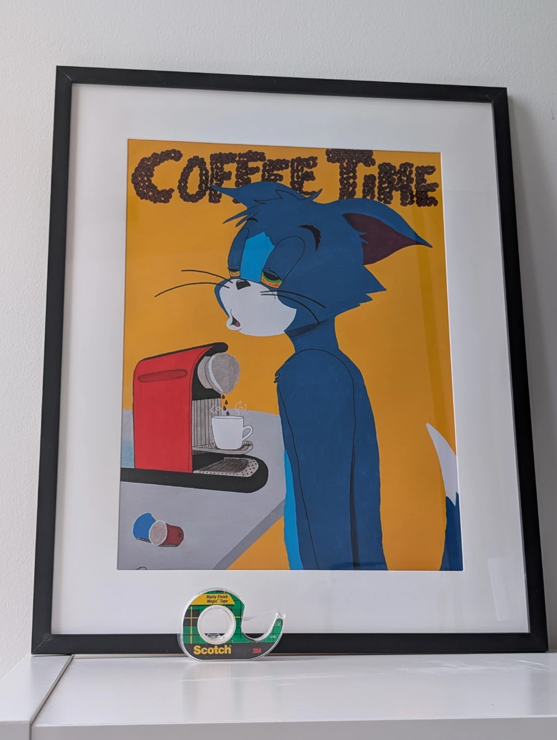 Framed tired Cat needs"Coffee Time" 42x52cm frame