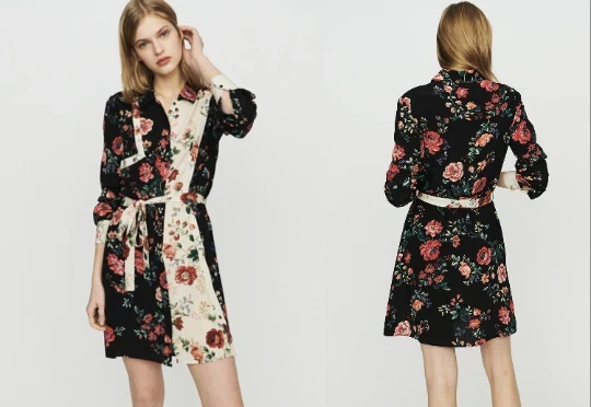 Maje Black Floral Print Shirt Dress with Belt