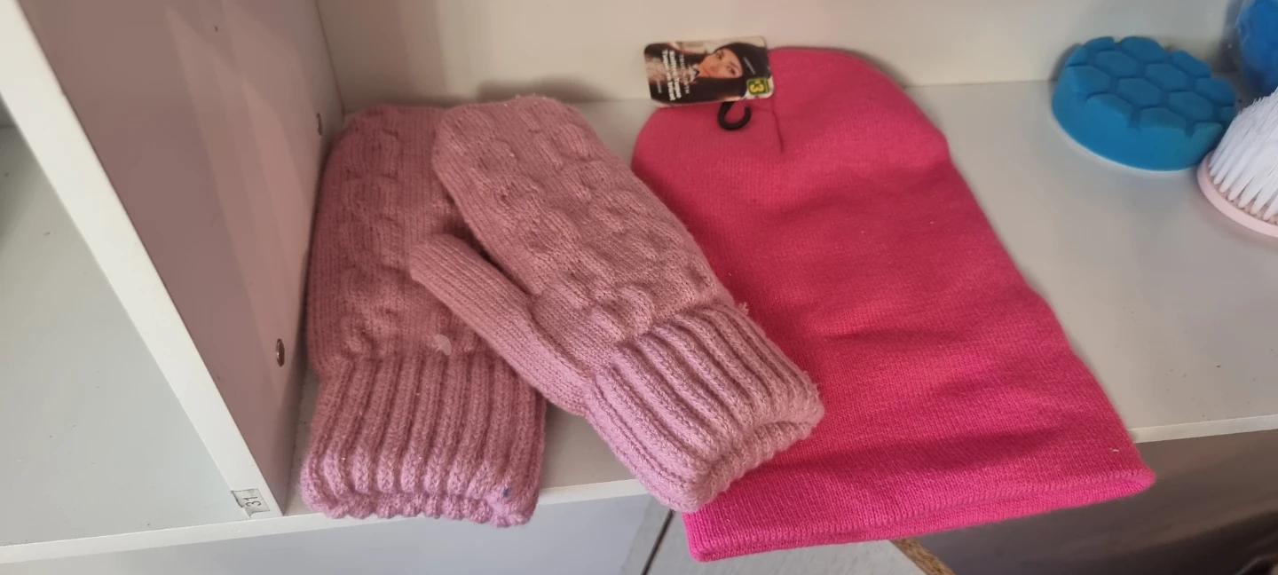 Pink Knit Mittens and Beanie Set