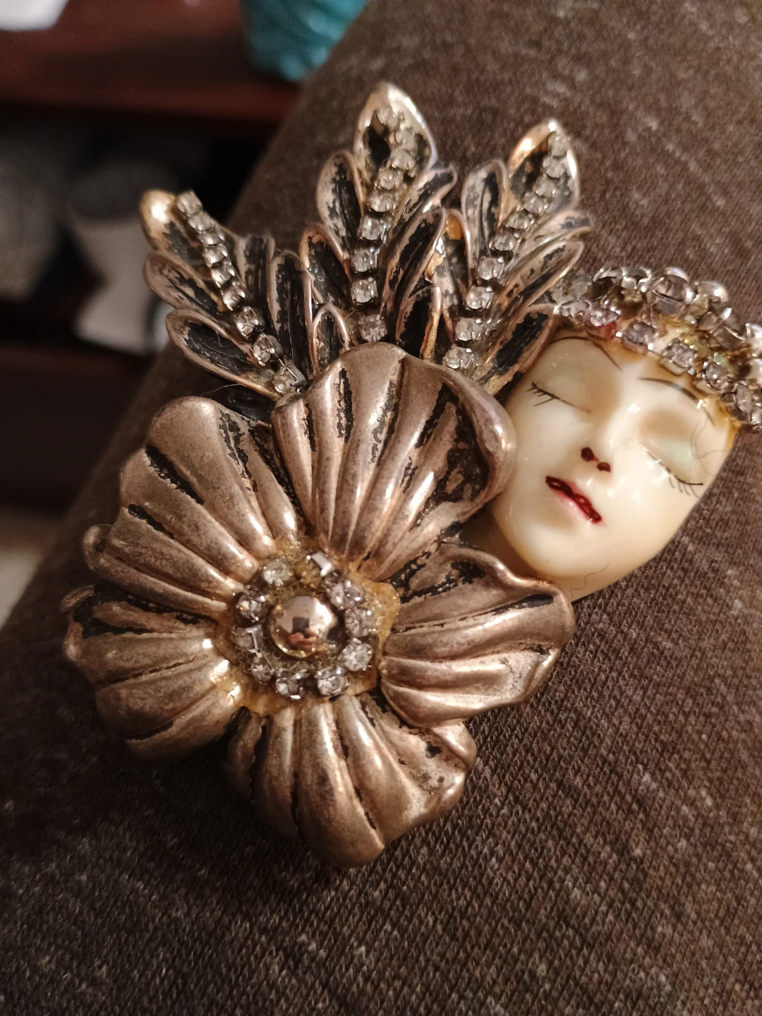 Vintage Brooch with Flower and Face Design