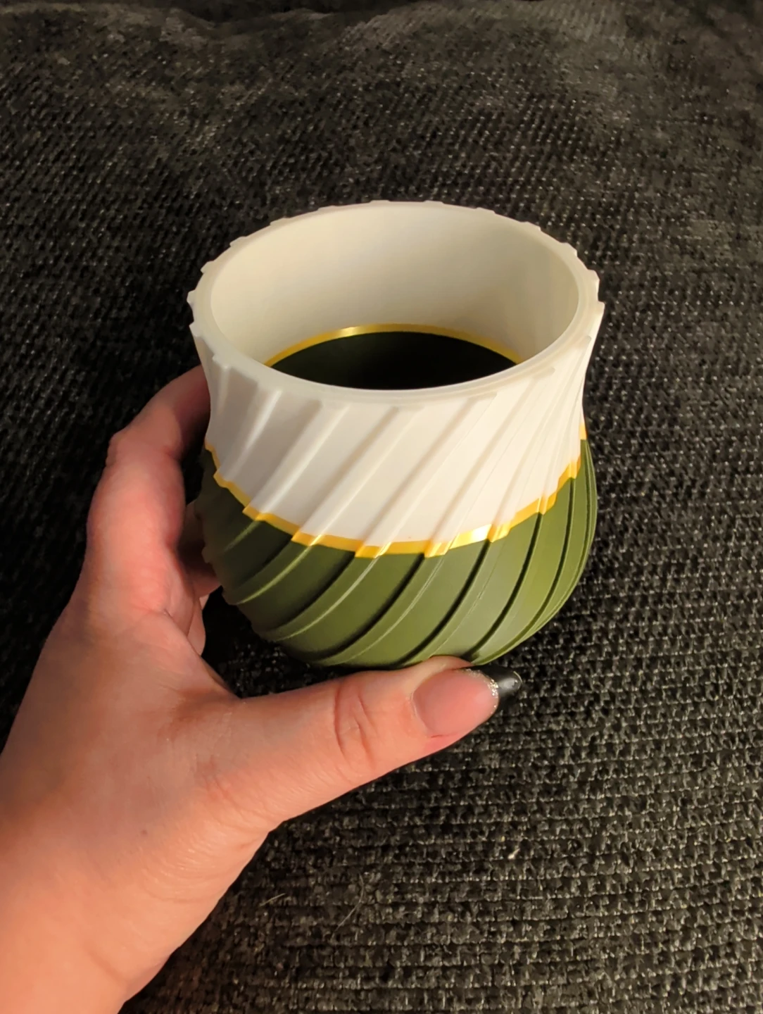 3D printe Twisted Decorative Planter – Olive Green, White & Gold - photo 2