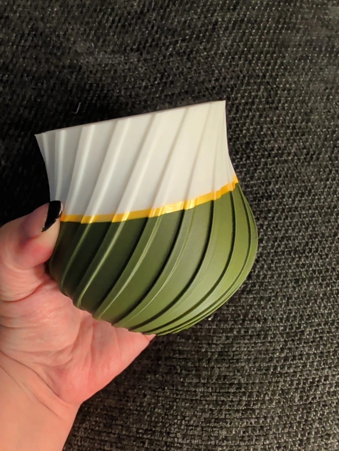 3D printe Twisted Decorative Planter – Olive Green, White & Gold - photo 3