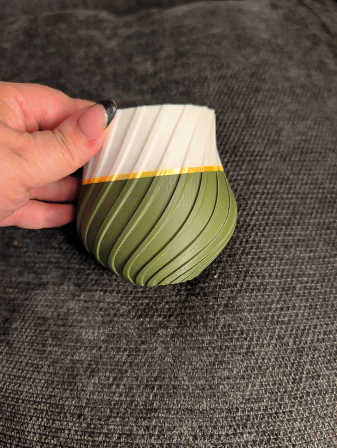 3D printe Twisted Decorative Planter – Olive Green, White & Gold - photo 4