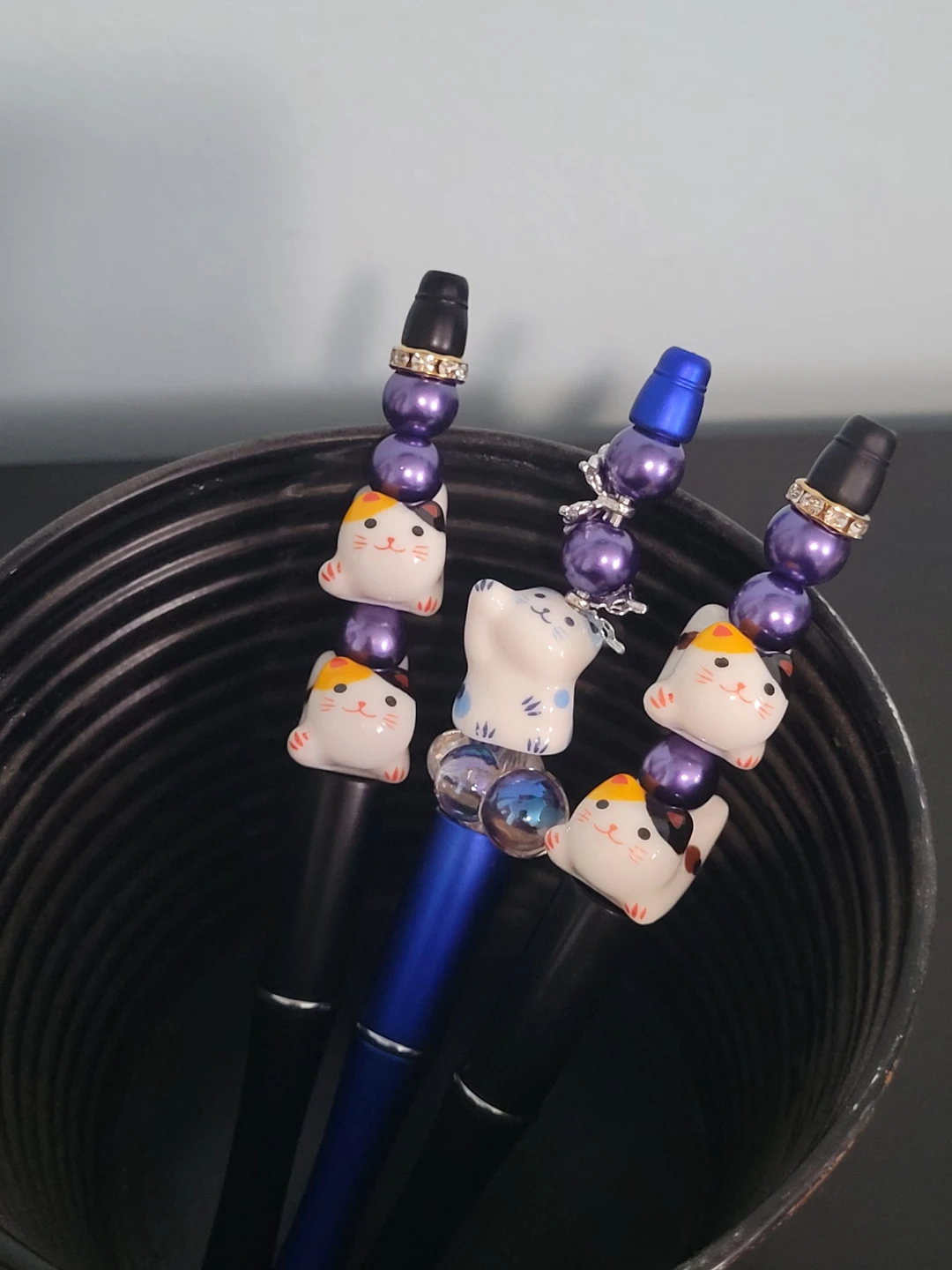 Handmade Maneki-neko Cat Beaded Pens (set of 3) - photo 2