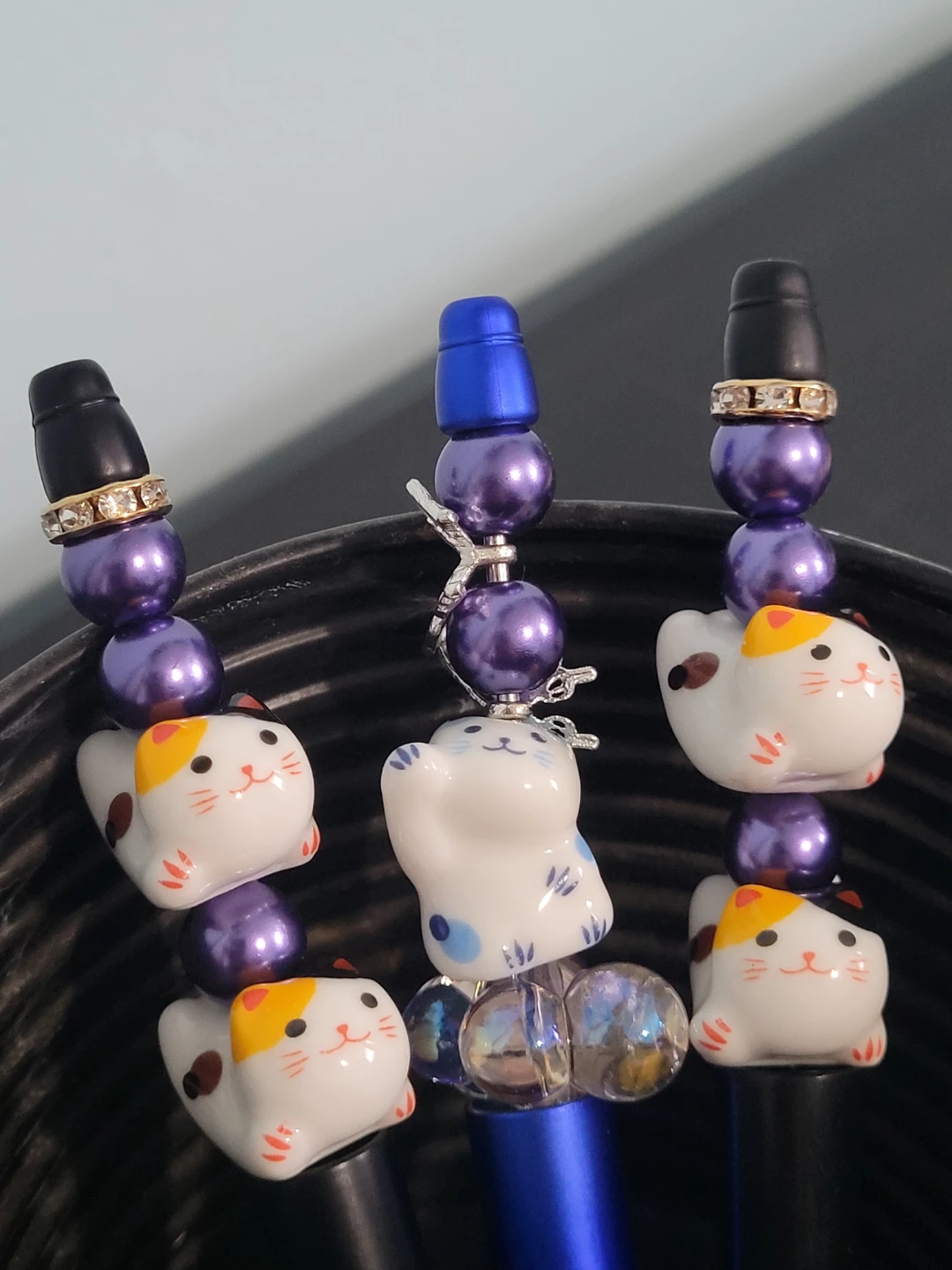 Handmade Maneki-neko Cat Beaded Pens (set of 3) - photo 3