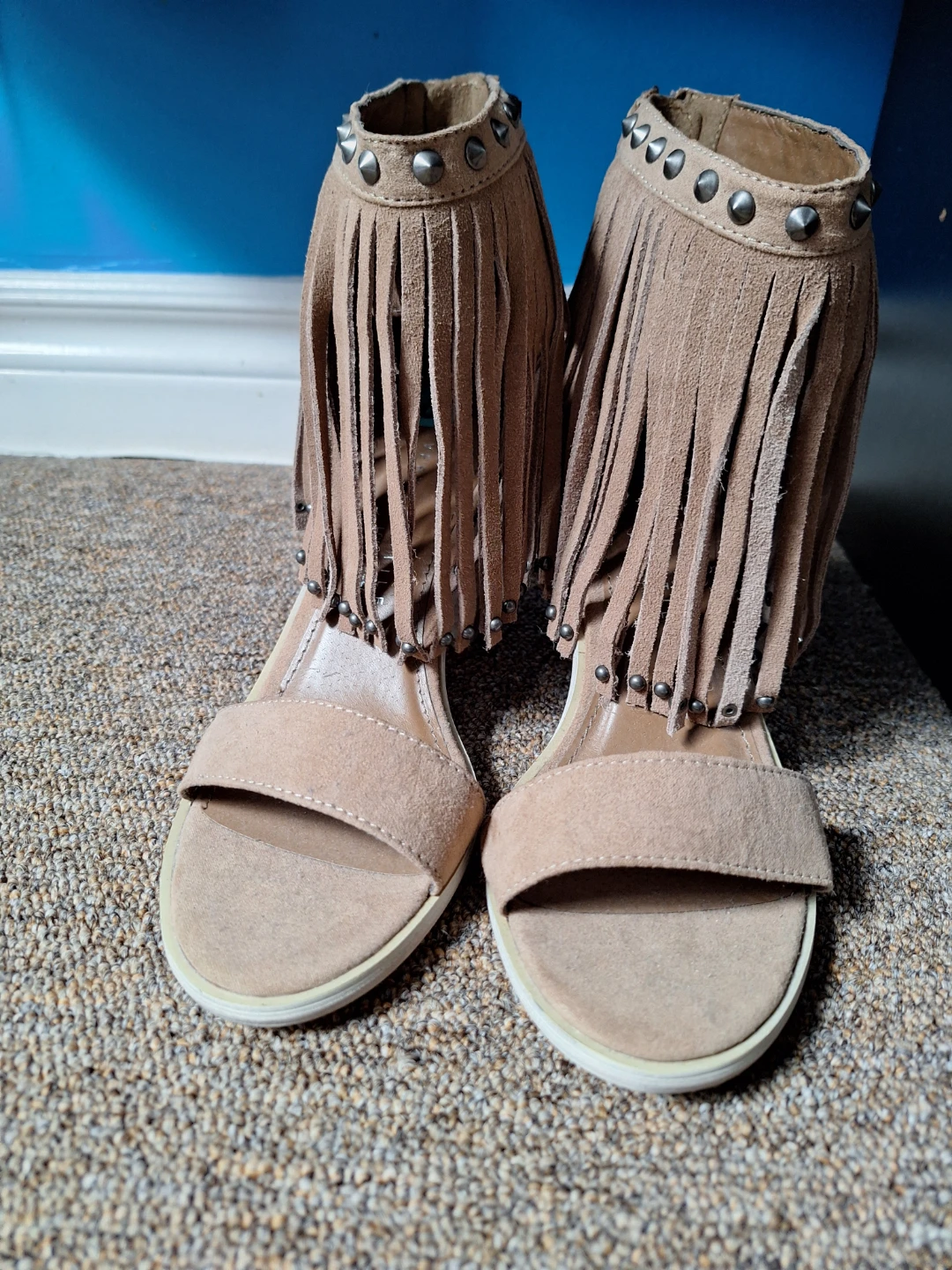 Tan Suede Fringe Studded Heel Sandals - photo 2