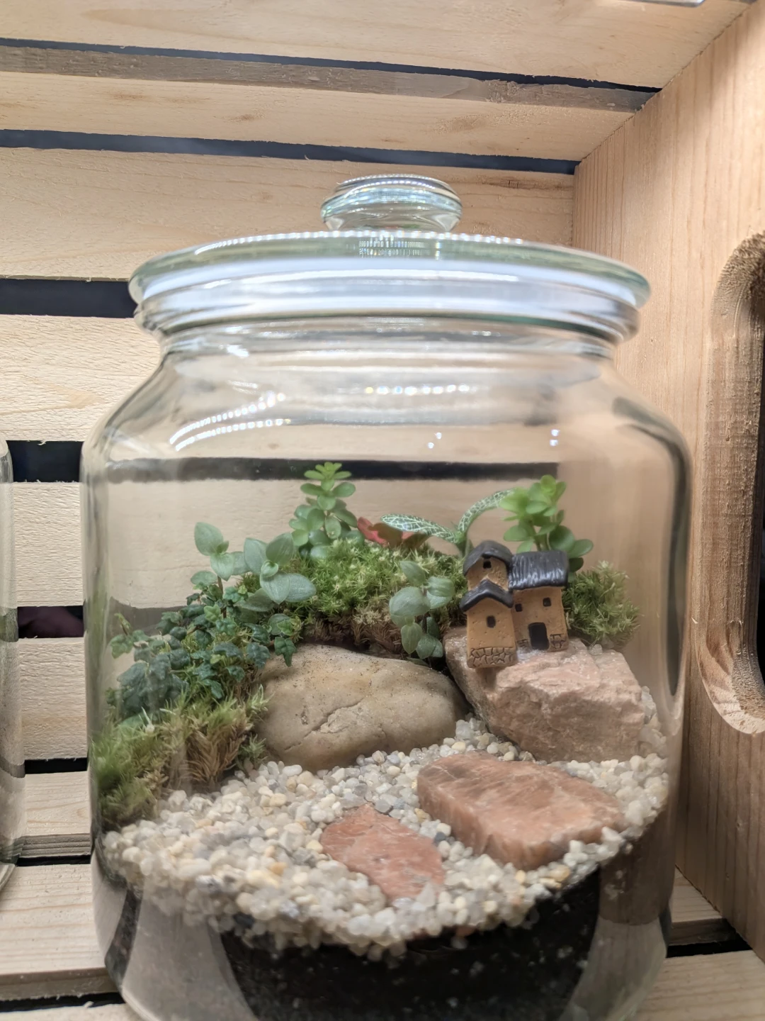 Glass Terrarium with Miniature Village and Plants