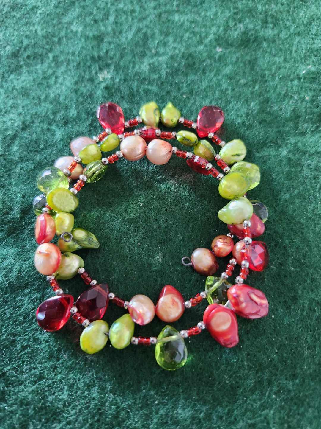 Multi-Strand Beaded Bracelet - Red, Green, and Peach
