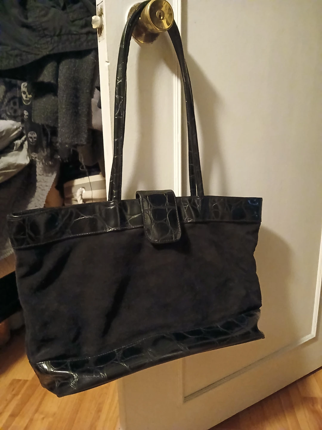 Black Suede& leather Tote Bag with Croc Embossed Accents