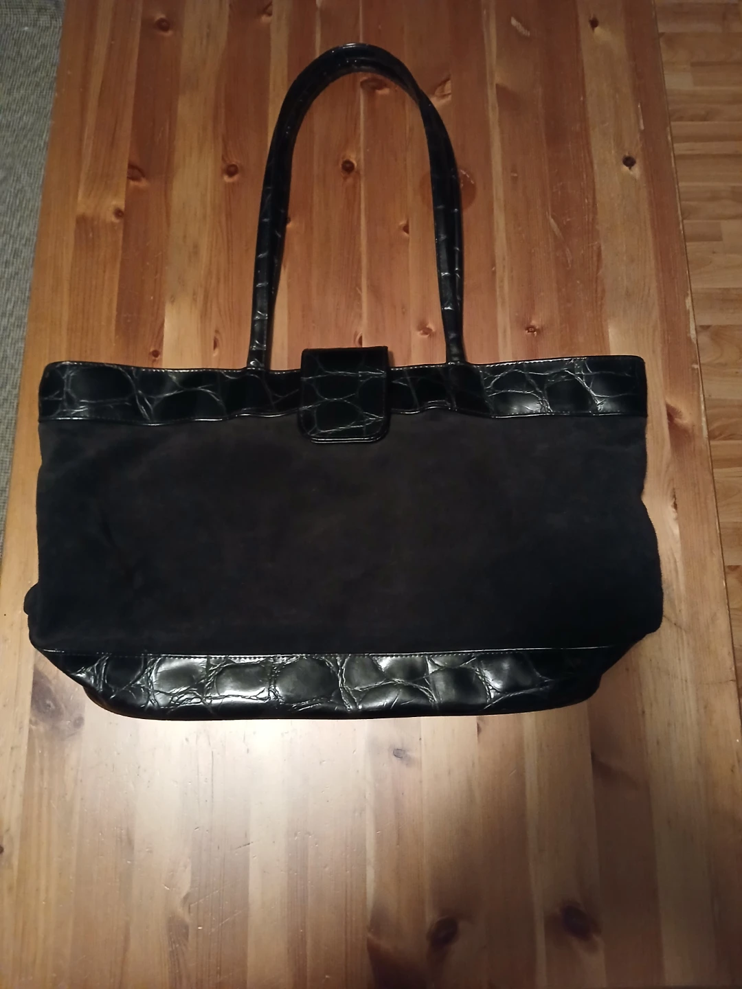 Black Suede& leather Tote Bag with Croc Embossed Accents - photo 3
