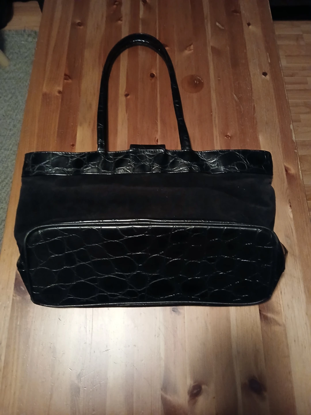 Black Suede& leather Tote Bag with Croc Embossed Accents - photo 4