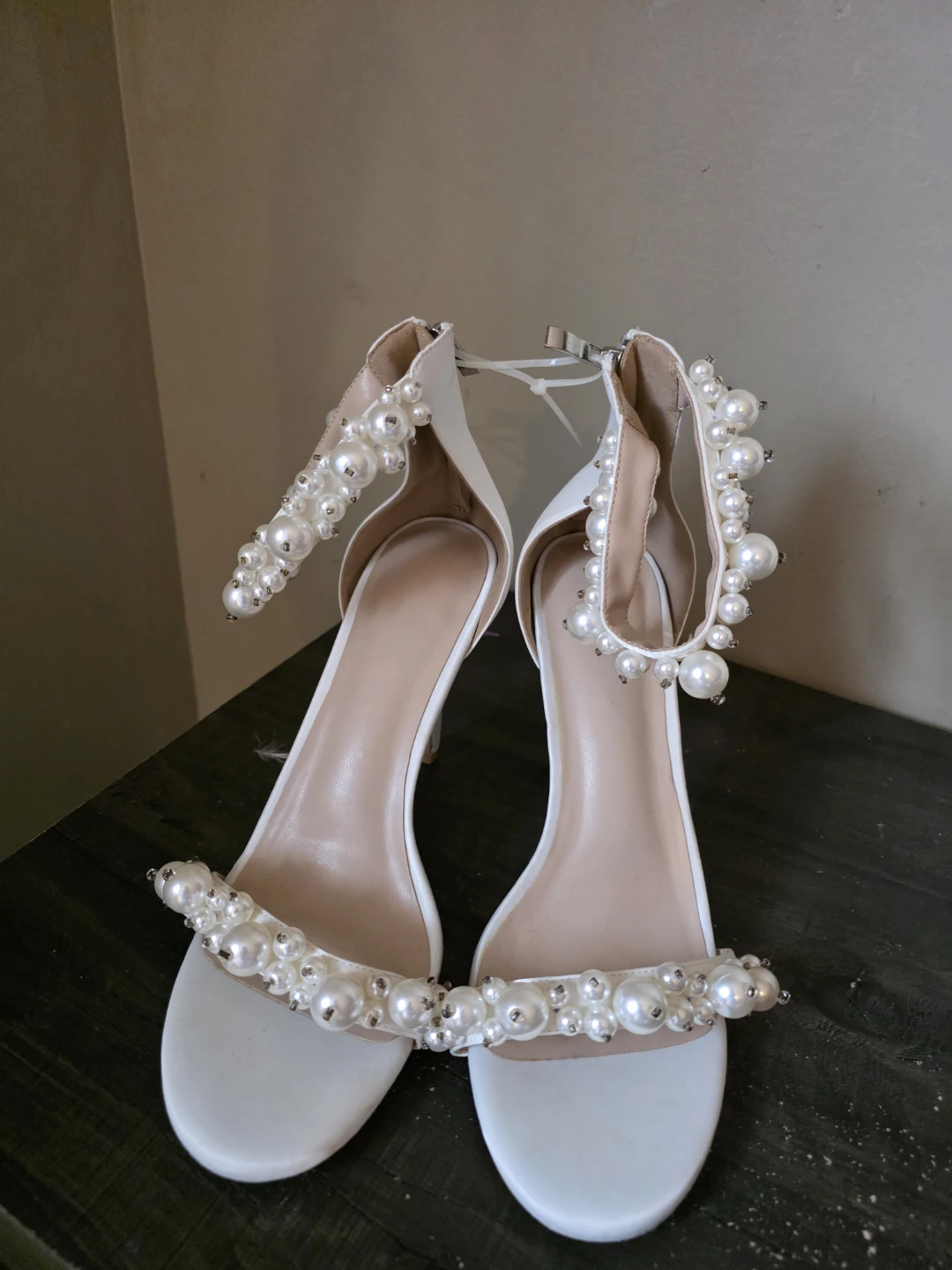 White Heels with Pearl Embellishments