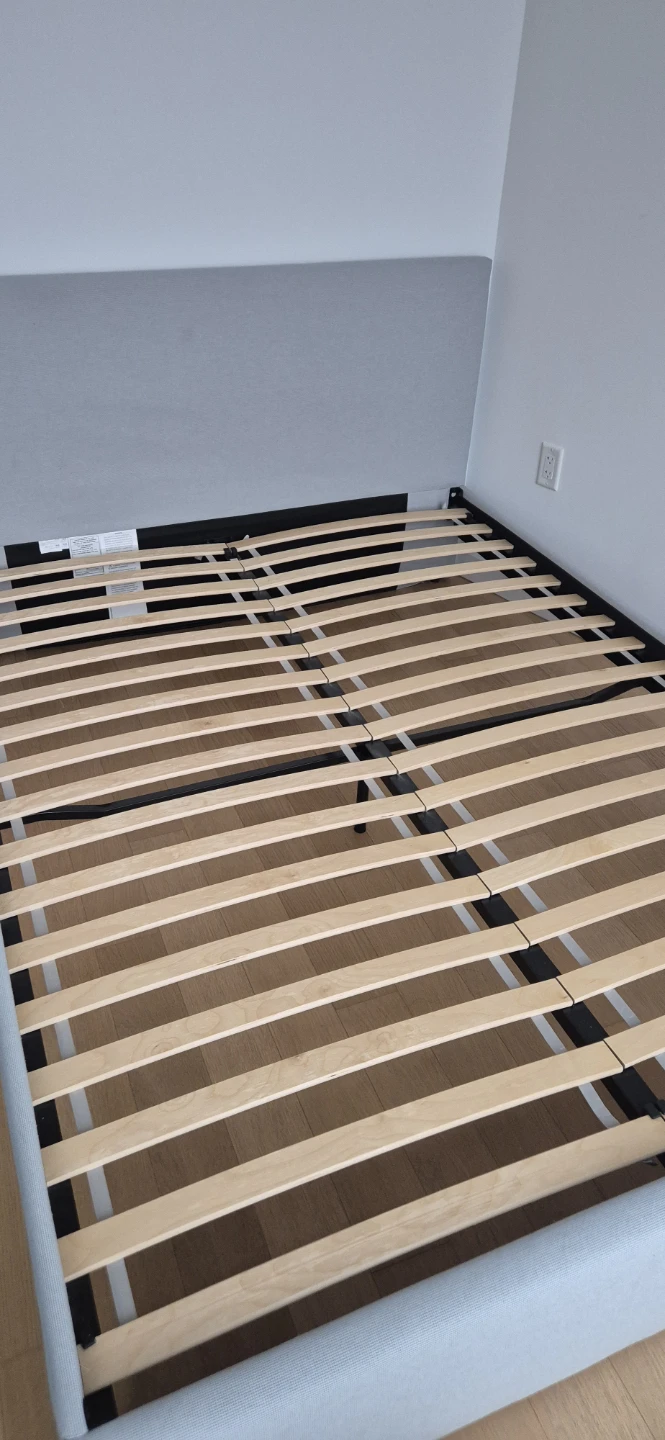 Gray Upholstered Platform Bed Frame + mattress + topper