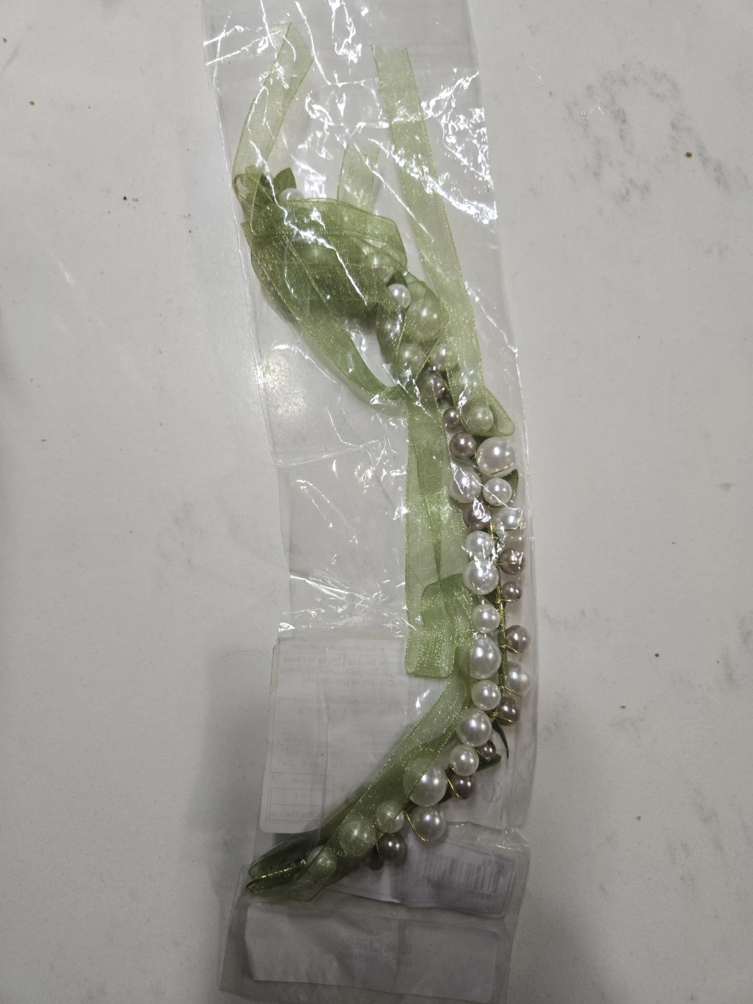 Pearl and Leaf Headband with Green Ribbon - photo 2