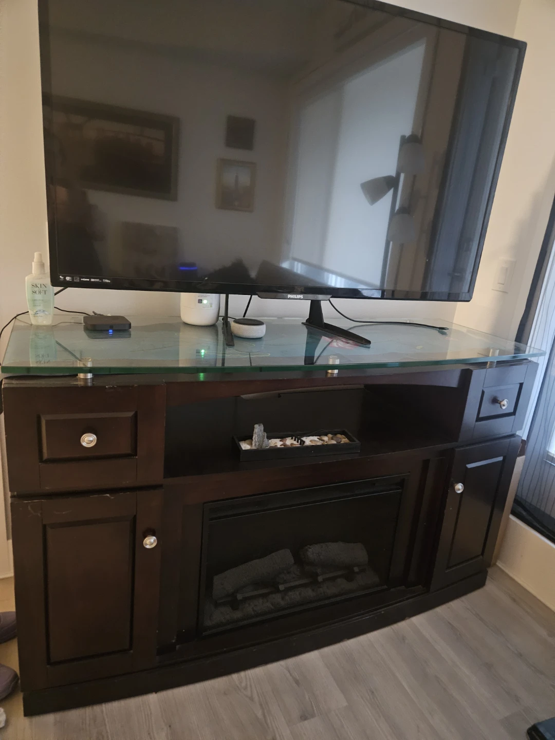 Dark Wood TV Stand with Glass Top and Electric Fireplace - photo 3