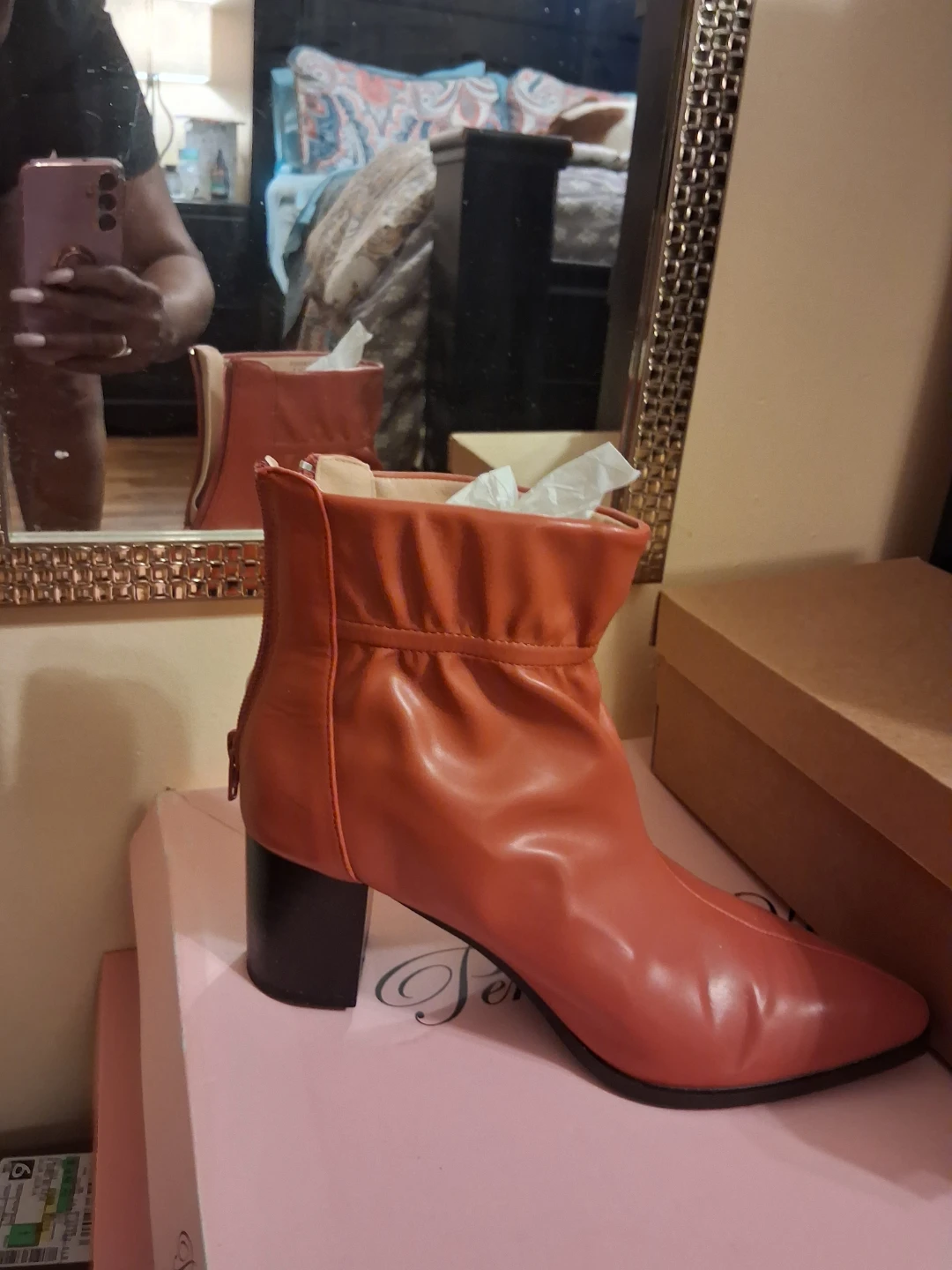 Orange Ruched Heeled Ankle Boots