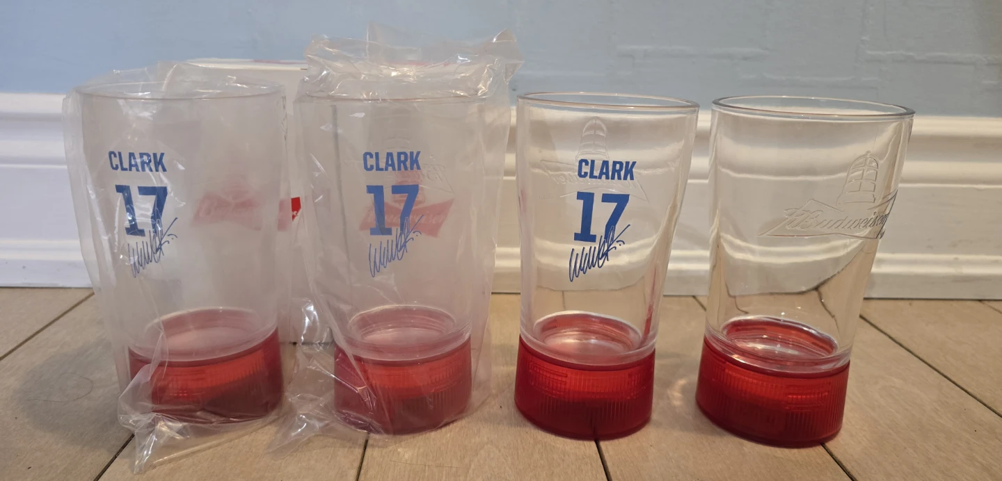4 Budweiser Red Light Glasses (3 Wendel Clark + 1 Regular)