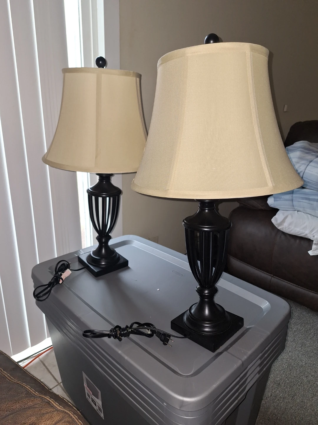 Set of 2 Black Table Lamps with Tan Bell Shades