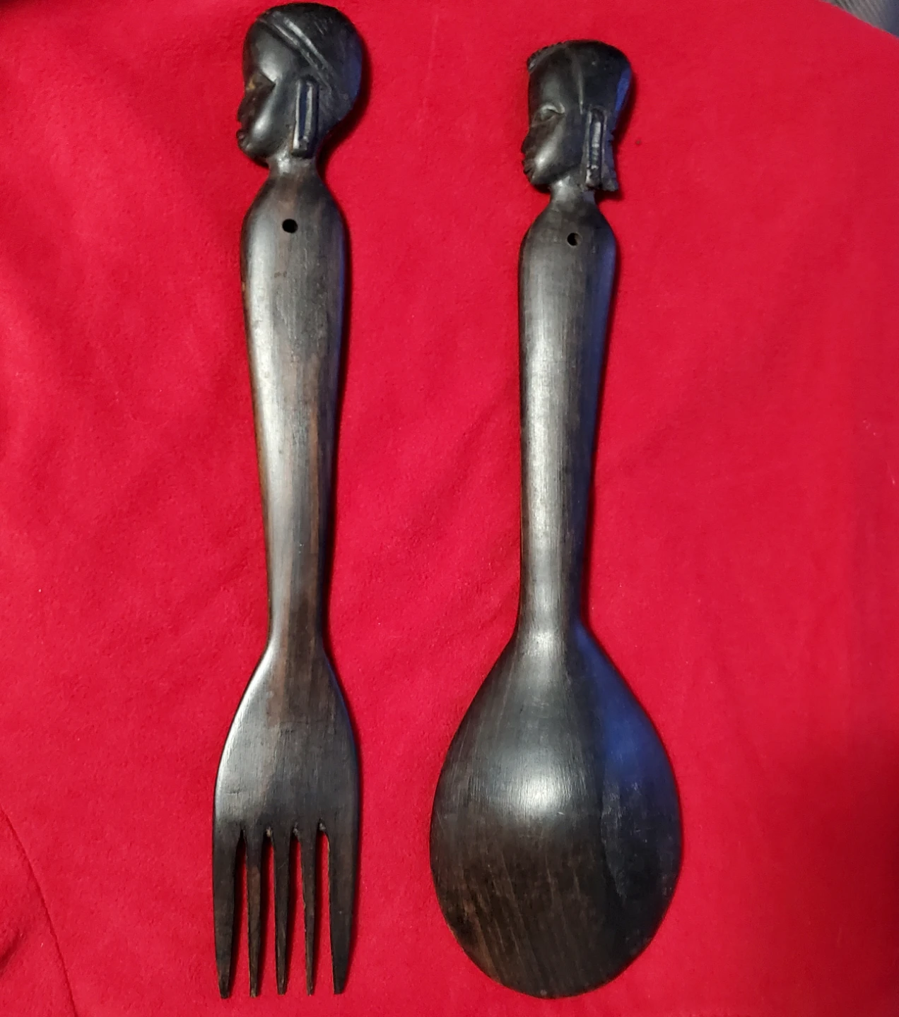 African Carved Spoon & Fork (12")