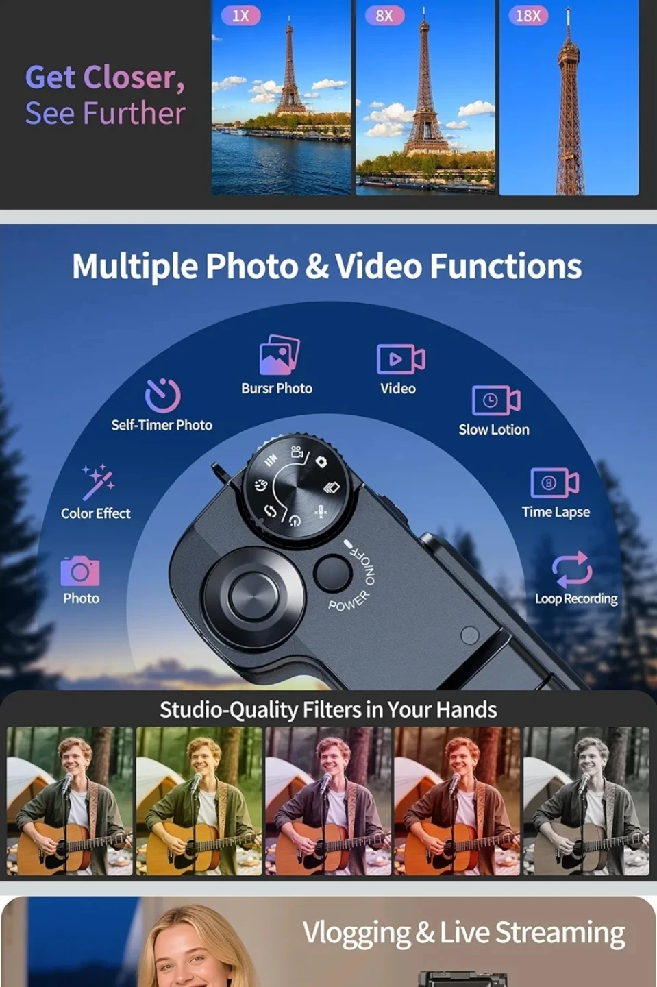 5K Ultra HD Digital Zoom Camera with 64MP Photos - photo 3