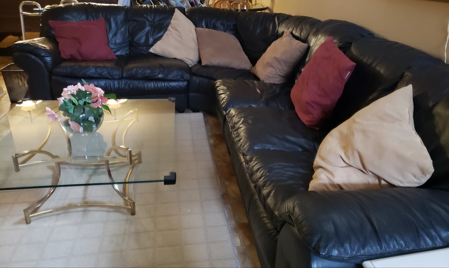 Black Leather Sectional Sofa with Pillows - photo 3