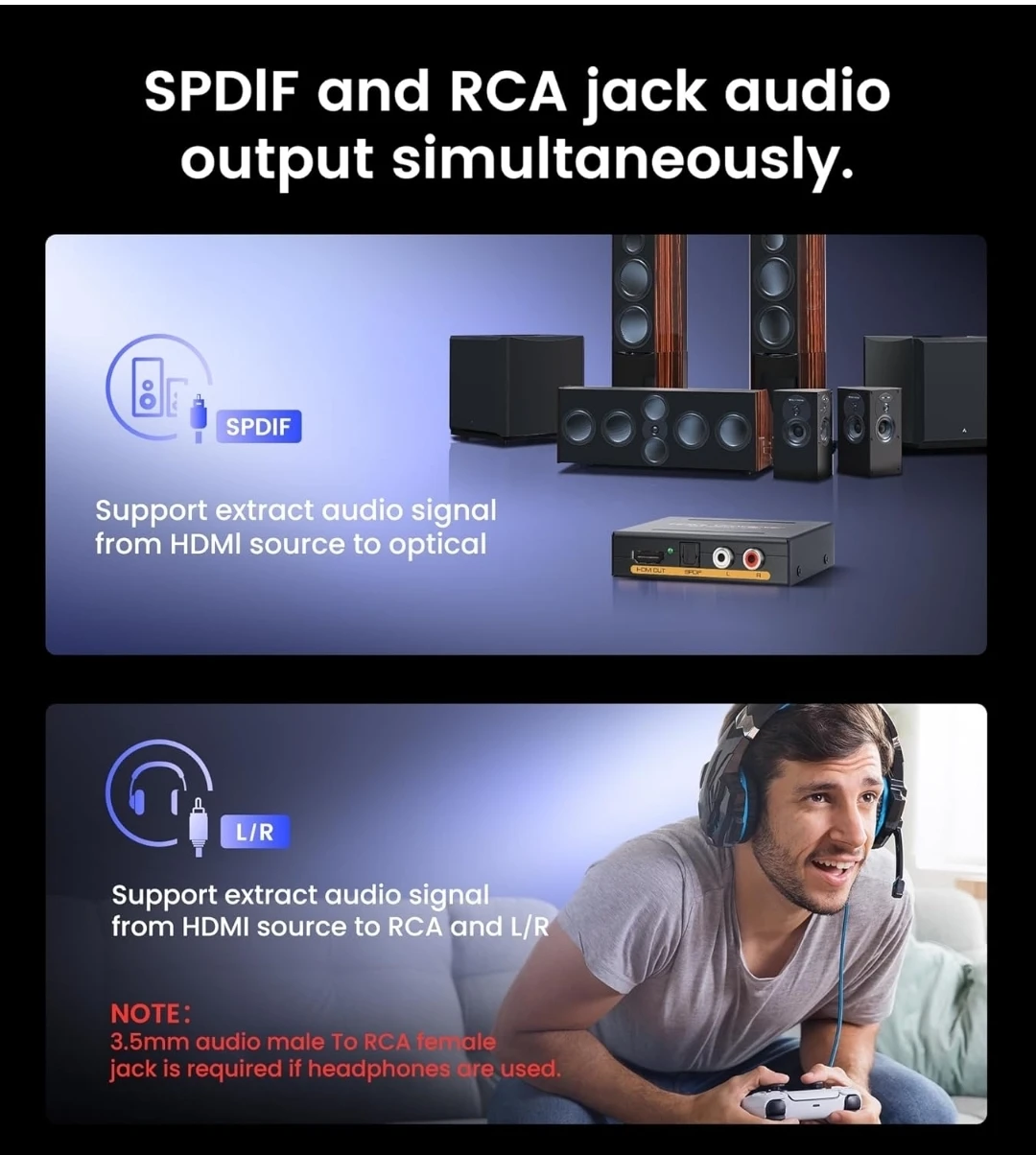 4K HDMI Audio Extractor Splitter | Optical SPDIF + RCA | 4K@60Hz - photo 5