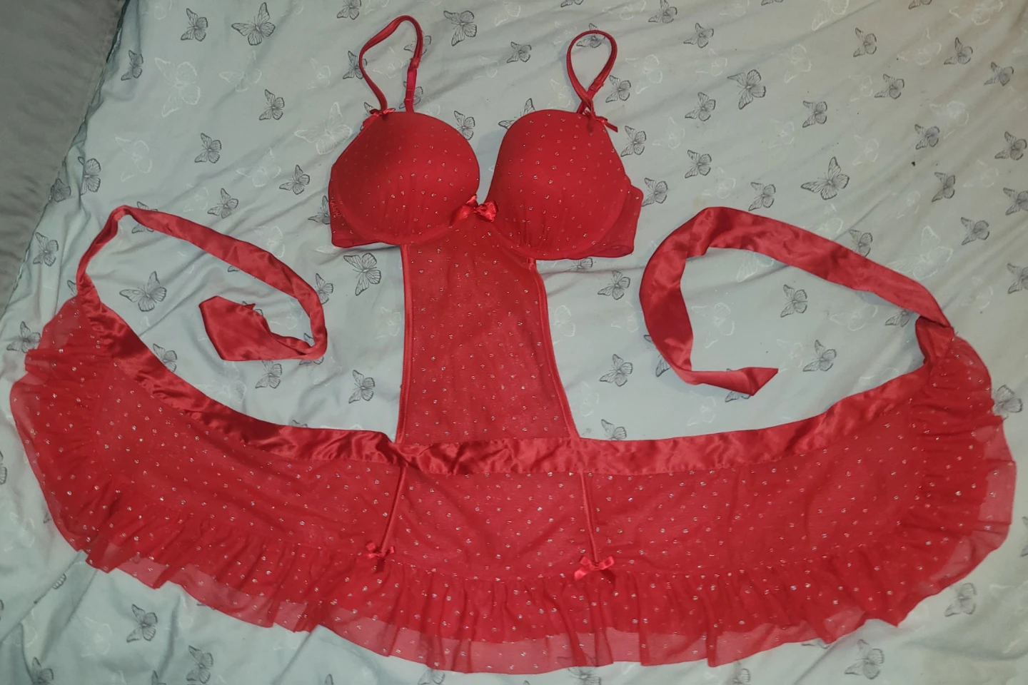 La Senza Lingerie Set Red Sparkle Bra & Garter Belt - L - photo 5
