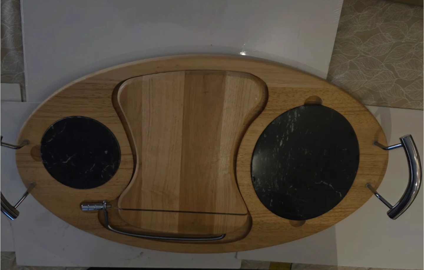 Vintage wood and marble cheese board with slicer