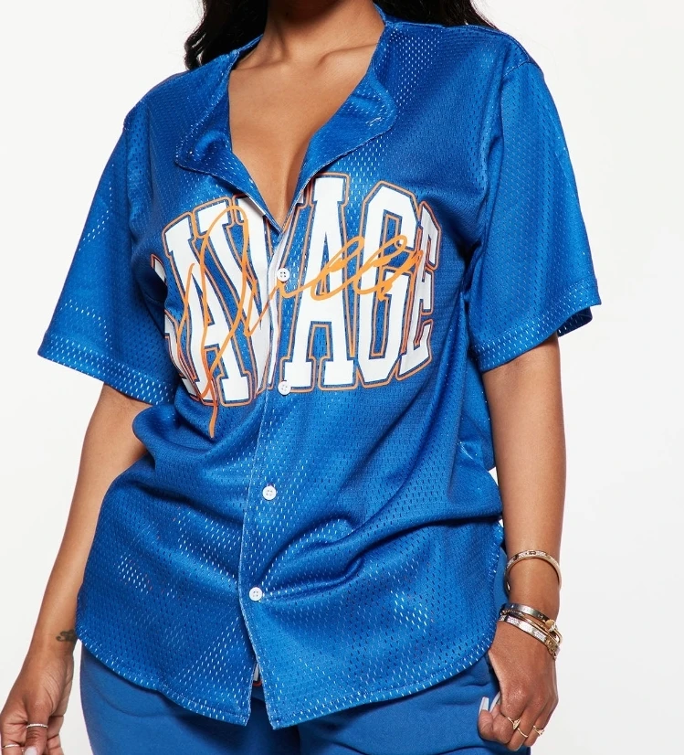 Blue Mesh Baseball Jersey with "Savage" Graphic