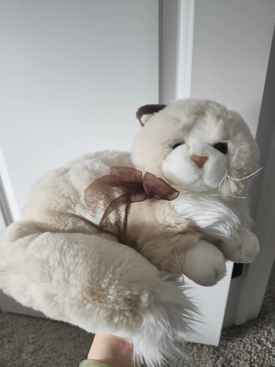 Plush Cat Stuffed Animal with Brown Ribbon