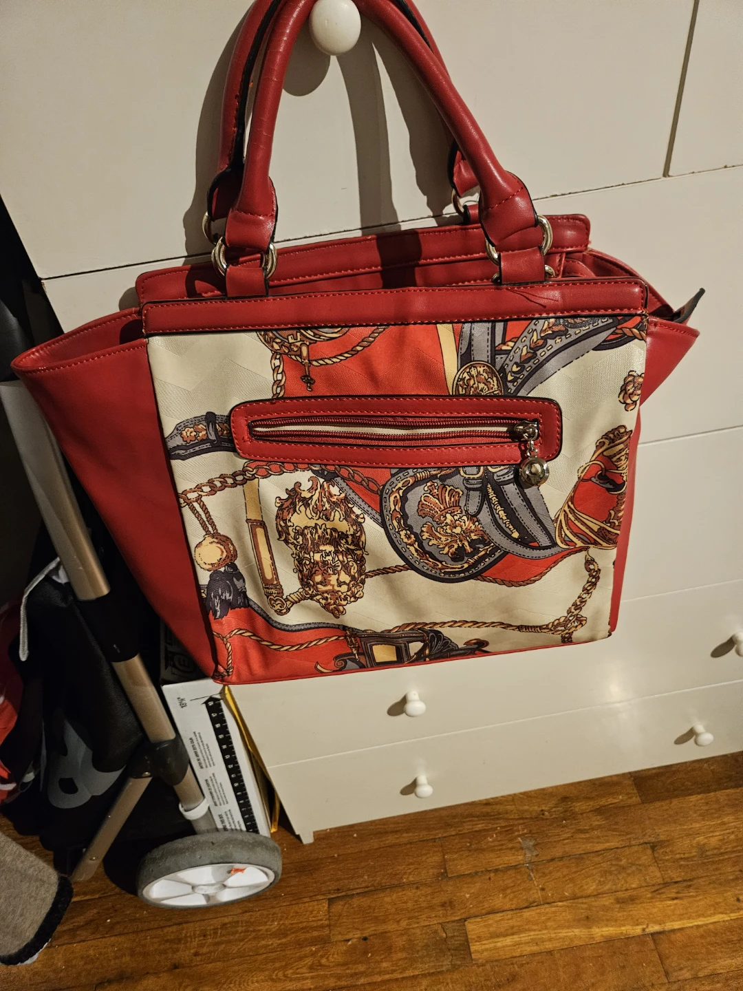Red Tote Handbag with Chain and Horse Print