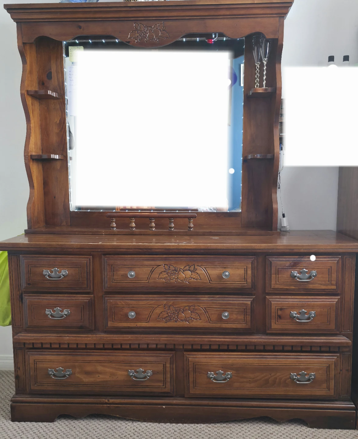 Wooden Dresser with Mirror and Drawers