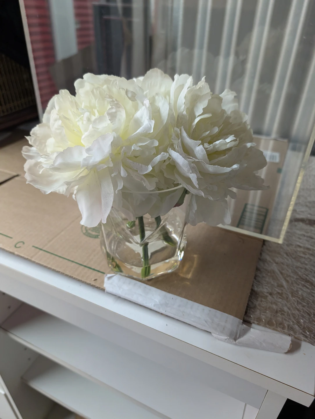 White Peony Artificial Flower Arrangement in Glass Vase - photo 4