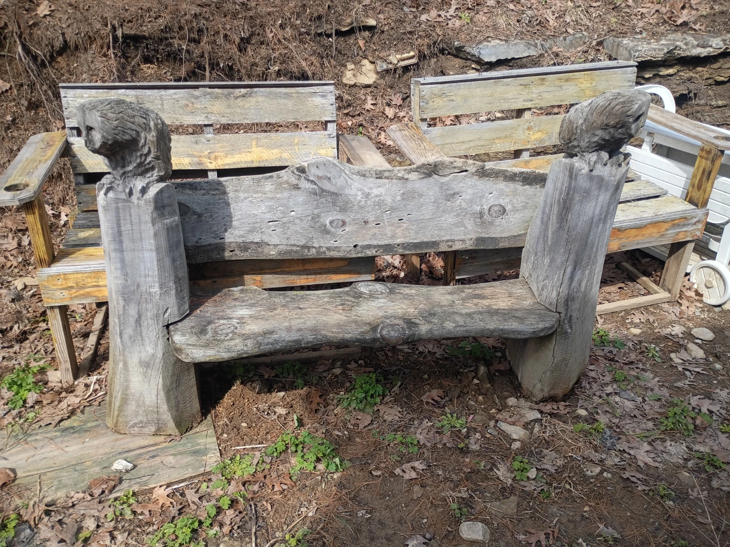 Rustic Log Bench with Owl Carvings - photo 2