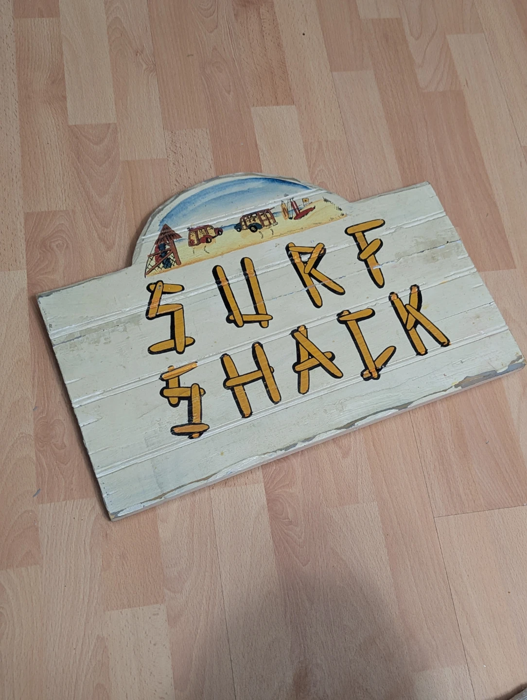Used SURF SHACK Wooden Sign Painted Signed Artist Benn Zaricor