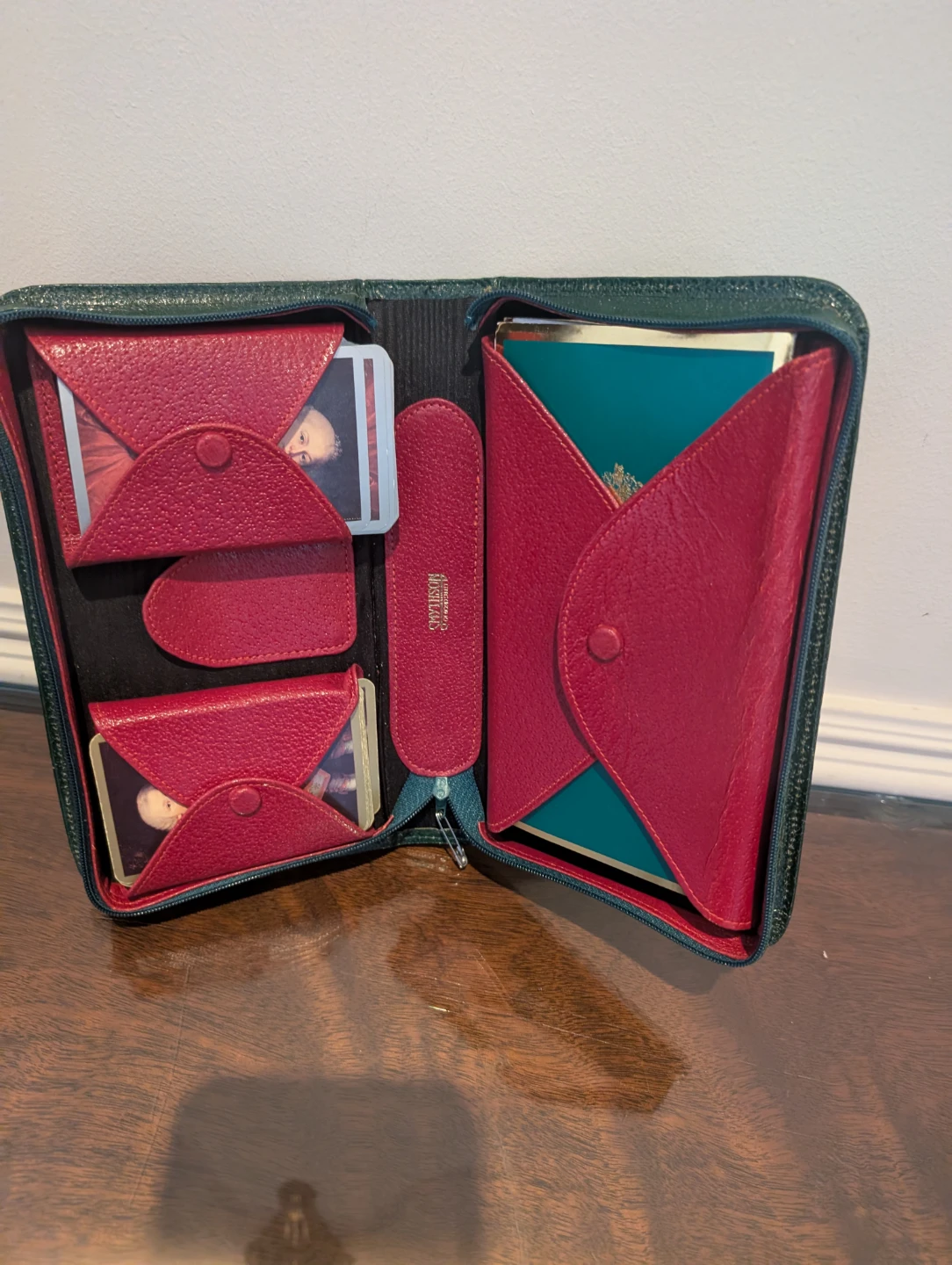 Smythson Green and Red Leather Playing Card Case with Cards
