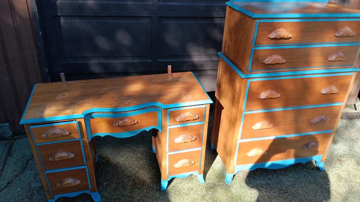 Vintage solid Wooden Desk with Mirror and Dresser Set