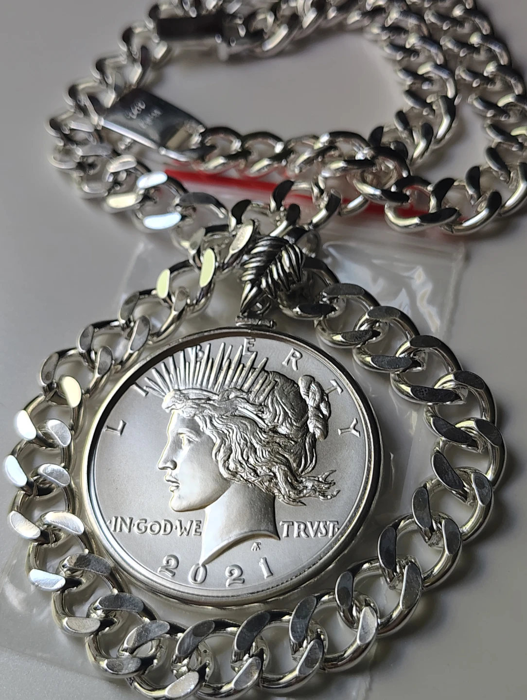 Silver Peace Dollar Pendant Necklace with Cuban Chain