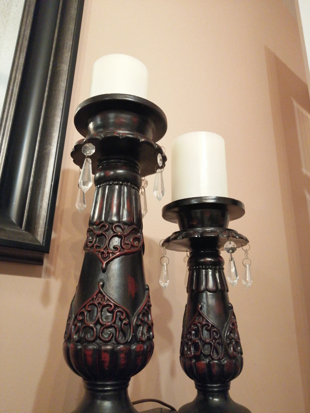 Set of 2 Ornate Black and Red Candlesticks with Crystal Dangles - photo 3