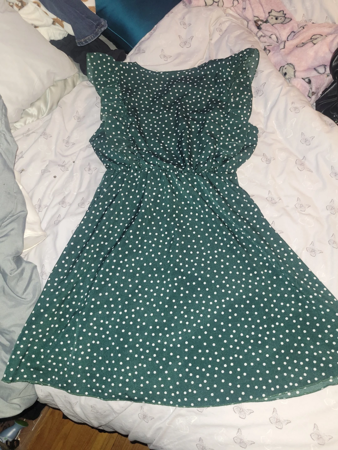 SHEIN Polka Dot Button Front Ruffle Sleeve Dress Green - photo 2