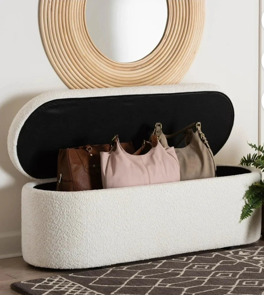 White Boucle Upholstered Storage Bench - photo 4